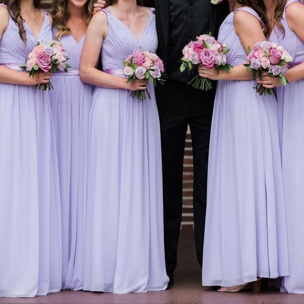 Floor length lilac purple bridesmaids dress